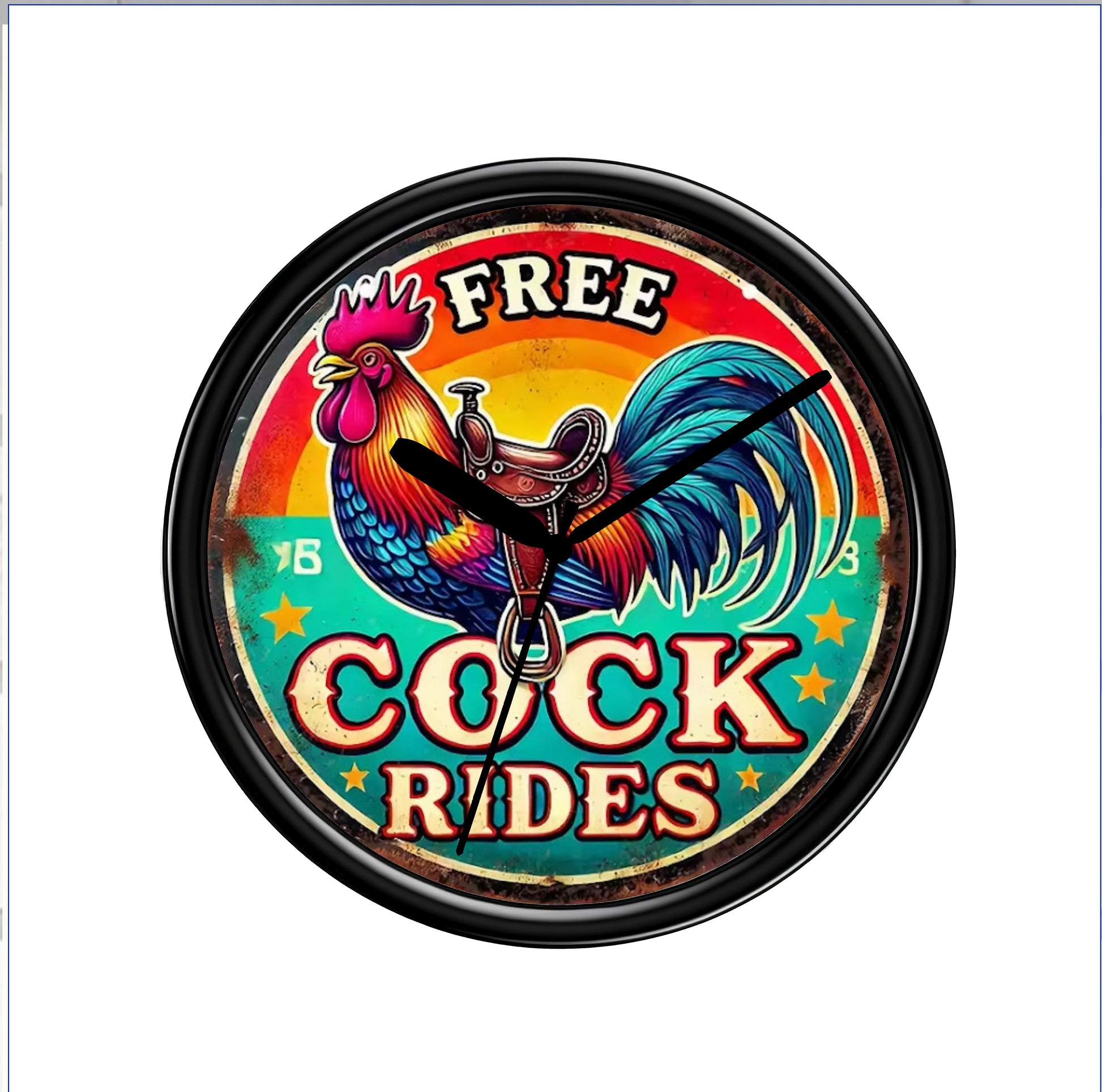 Wall clock with a colorful rooster design and text 'FREE COCK RIDES' on a white background.