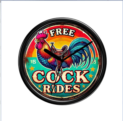 Wall clock with a colorful rooster design and text 'FREE COCK RIDES' on a white background.
