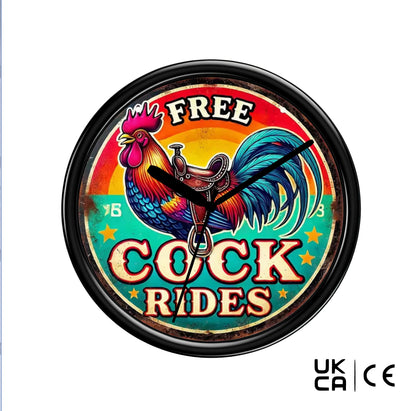 Wall clock with a colorful design of a rooster and text 'FREE COCK RIDES' on a white background.