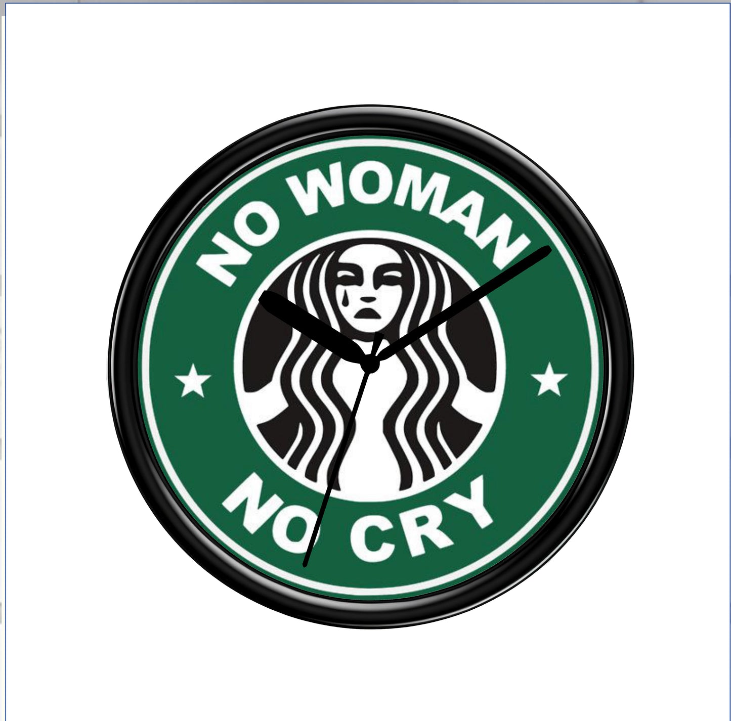 Clock with Starbucks logo and 'No Woman No Cry' text on a white background