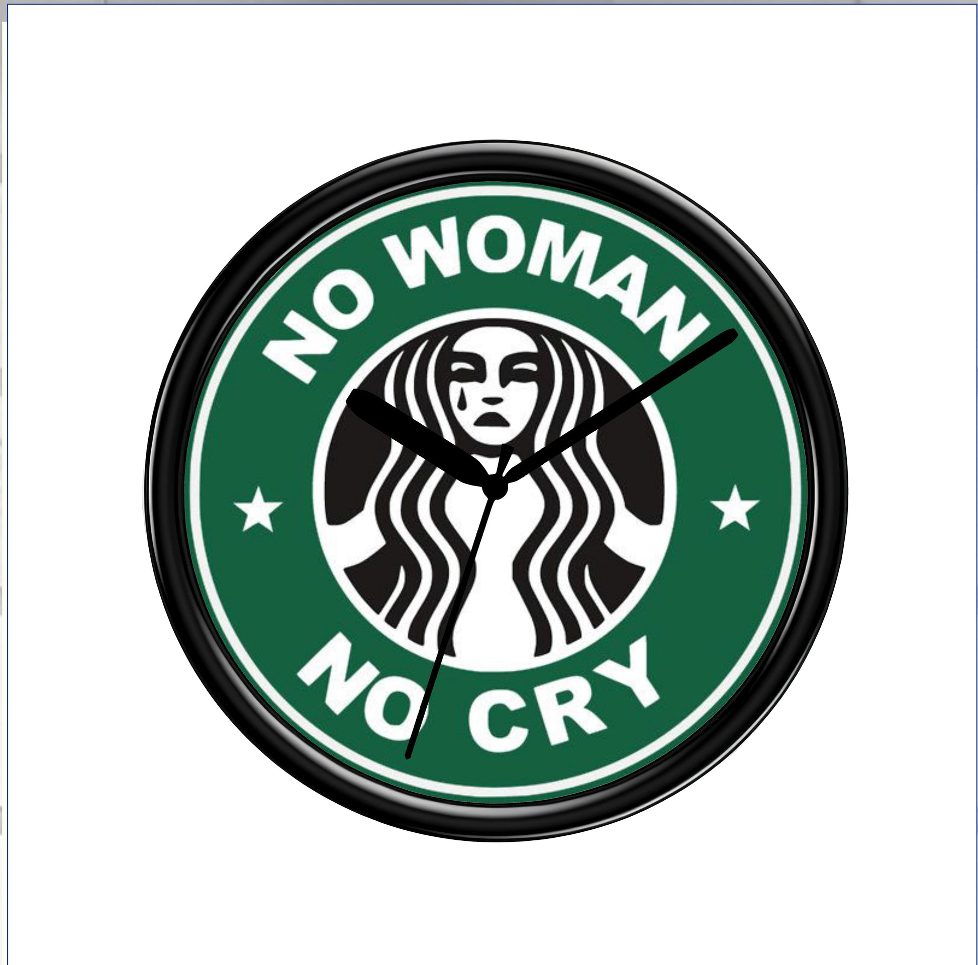 Clock with Starbucks logo and 'No Woman No Cry' text on a white background
