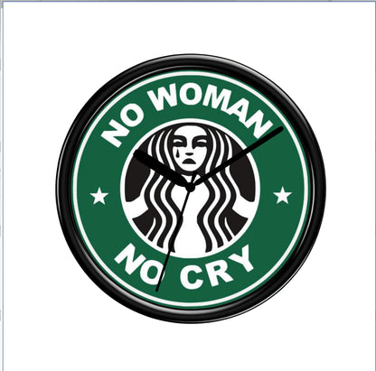 Clock with Starbucks logo and 'No Woman No Cry' text on a white background