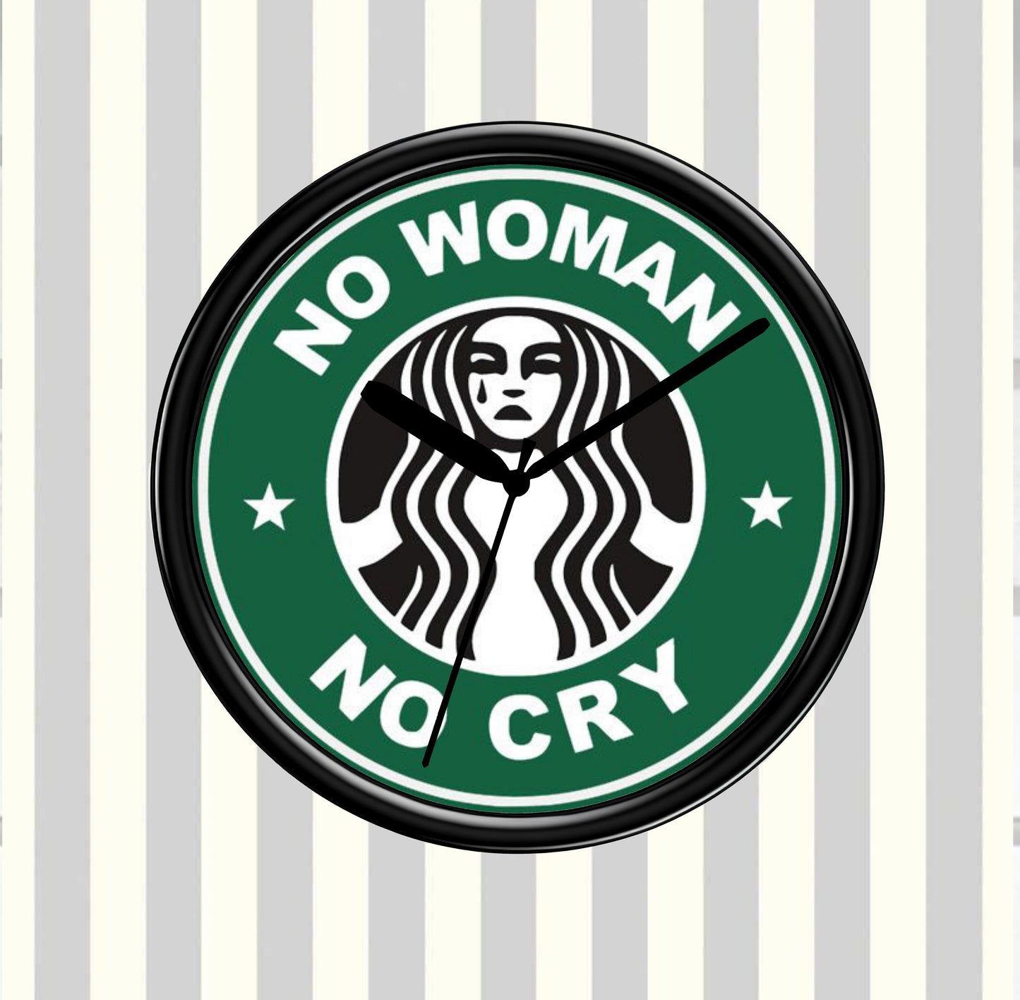 Clock with 'No Woman No Cry' text and a logo on a striped background