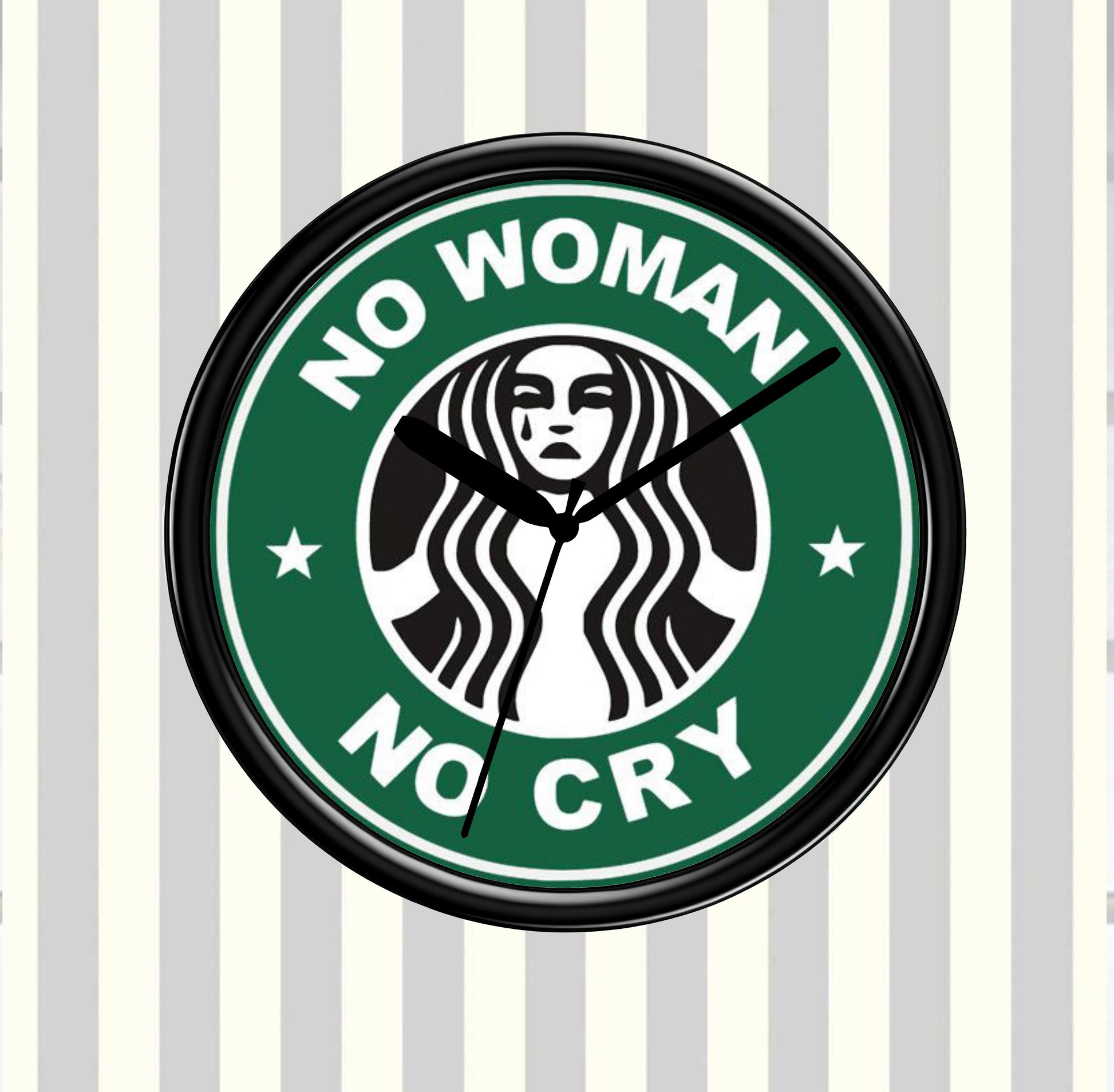 Clock with 'No Woman No Cry' text and a logo on a striped background