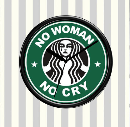 Clock with 'No Woman No Cry' text and a logo on a striped background