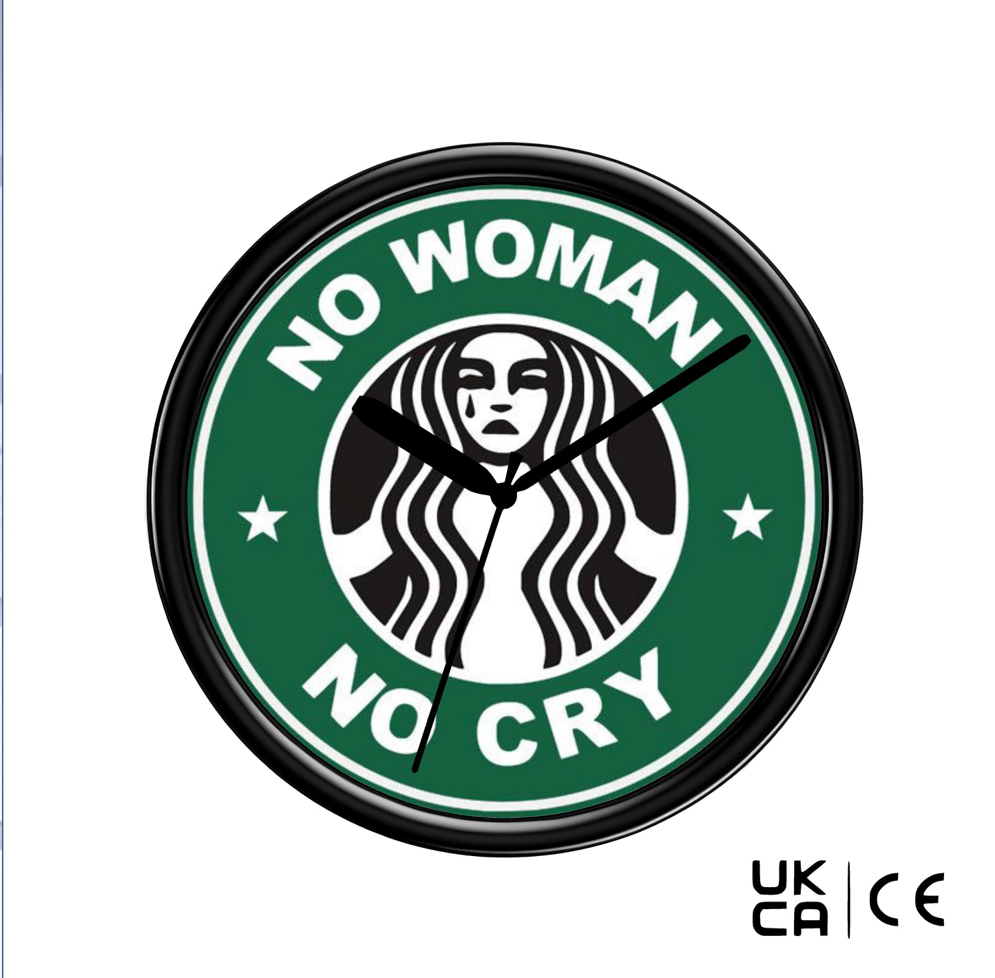 Wall clock with 'No Woman No Cry' text and a logo resembling Starbucks on a green background.