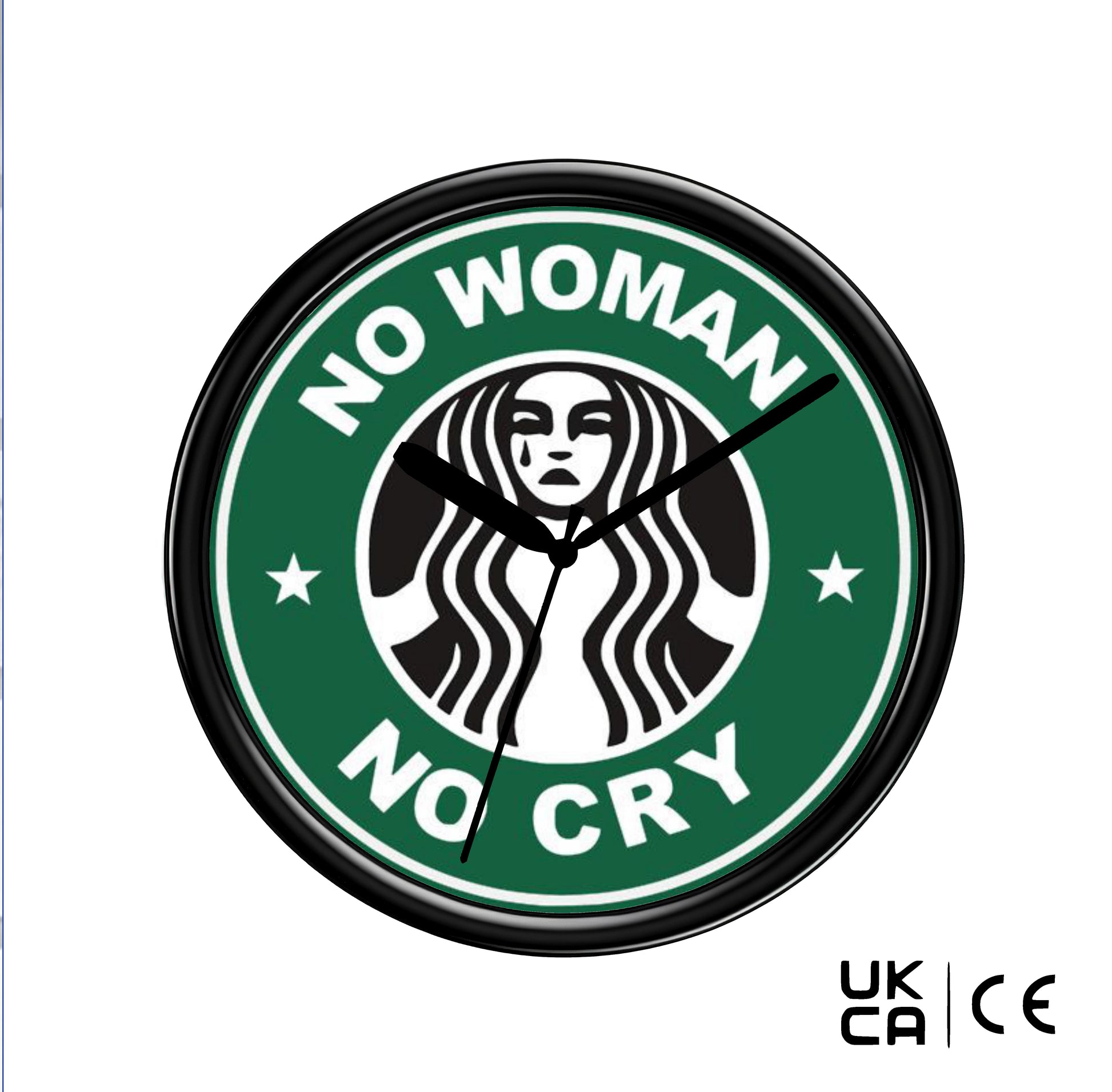Wall clock with 'No Woman No Cry' text and a logo resembling Starbucks on a green background.