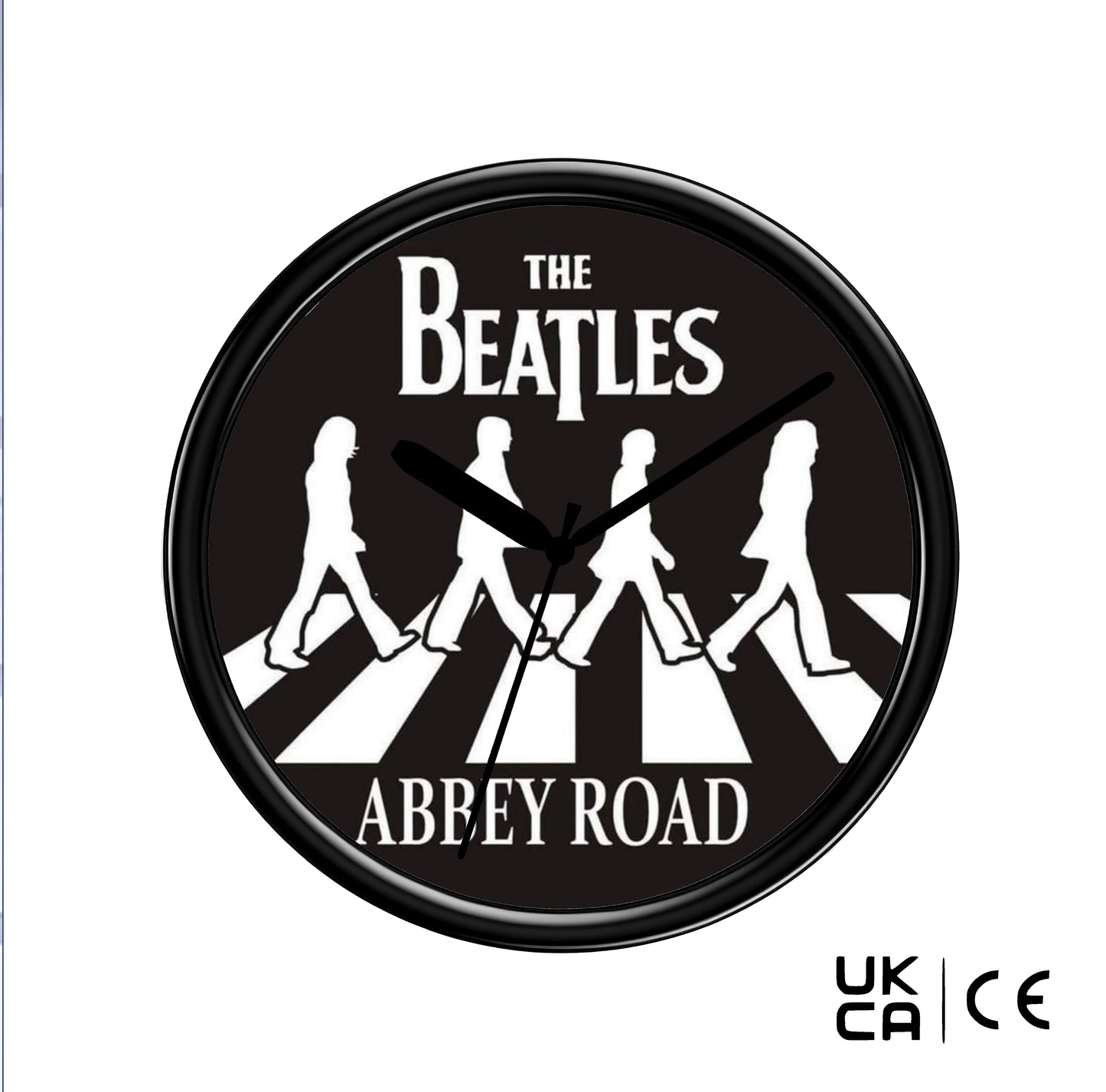 Wall clock with The Beatles Abbey Road design on a black background