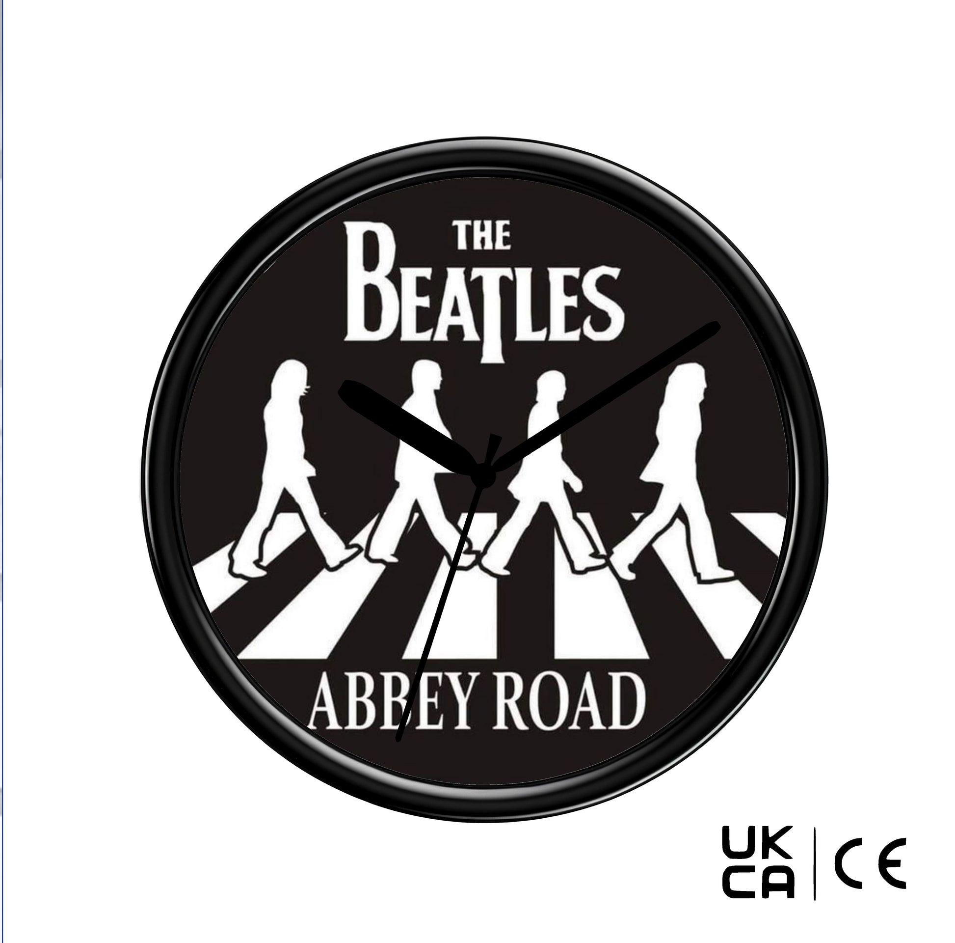Wall clock with The Beatles Abbey Road design on a black background