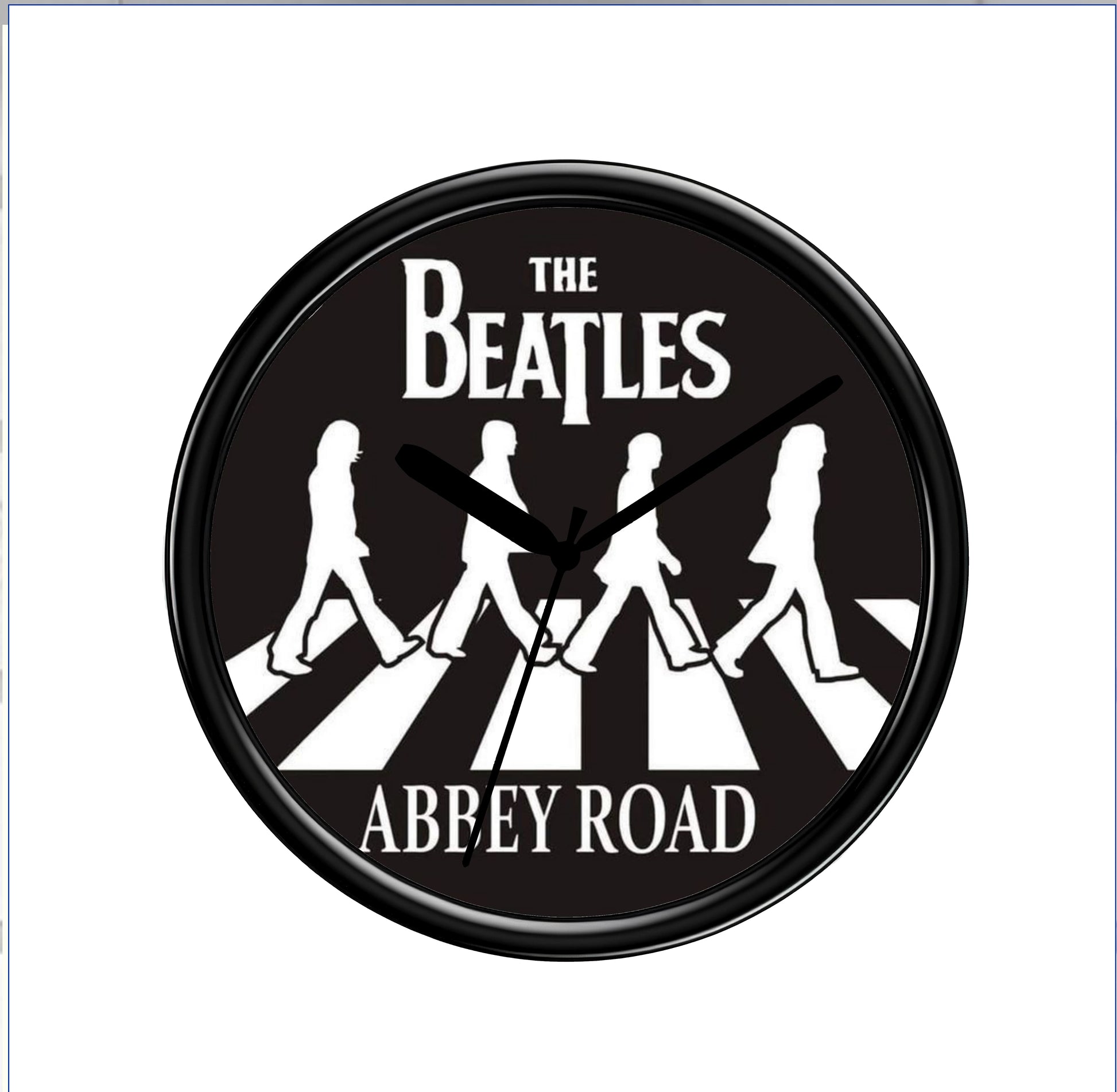 Wall clock with The Beatles Abbey Road design on a black background