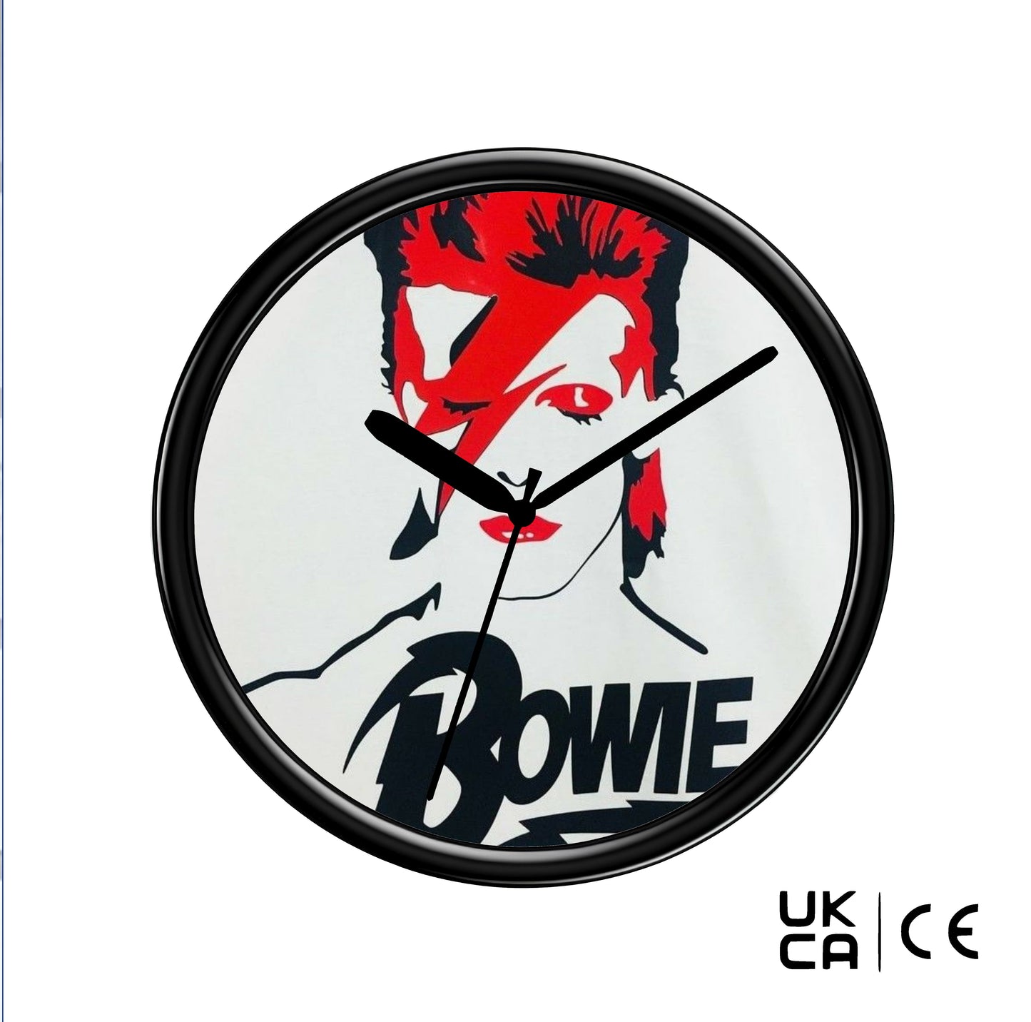 Wall clock with a design of a famous person with red hair and the name 'Bowie' on a white background.