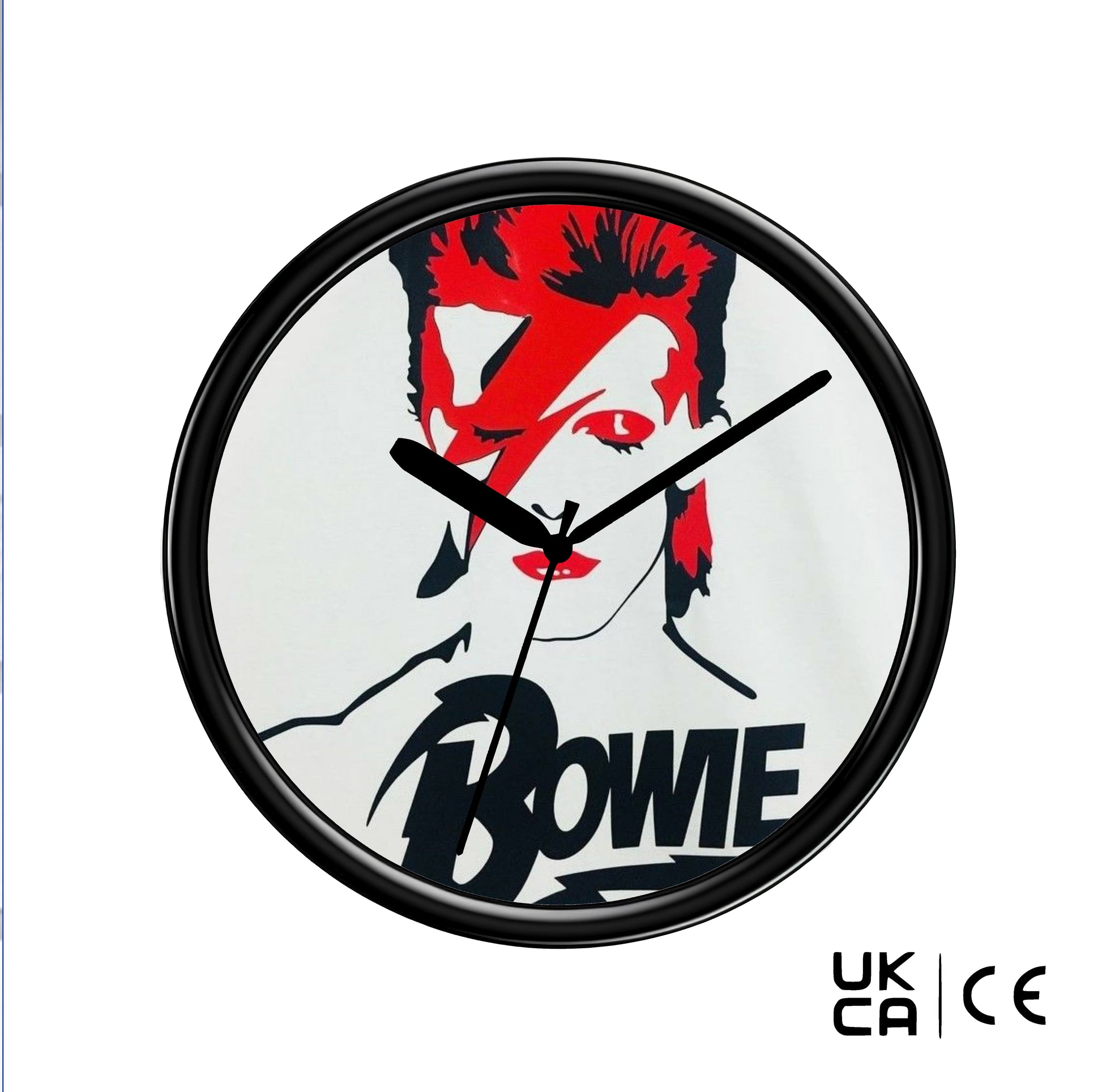 Wall clock with a design of a famous person with red hair and the name 'Bowie' on a white background.