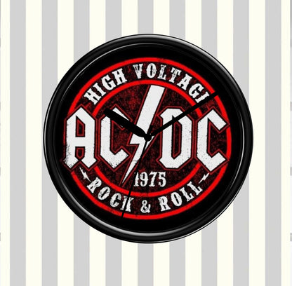 AC/DC clock with 'High Voltage Rock & Roll' design on a striped background