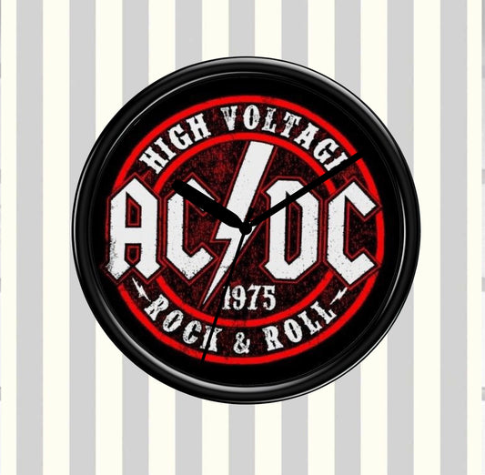 AC/DC clock with 'High Voltage Rock & Roll' design on a striped background