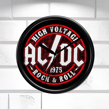 AC/DC wall clock with red and black design on a white background