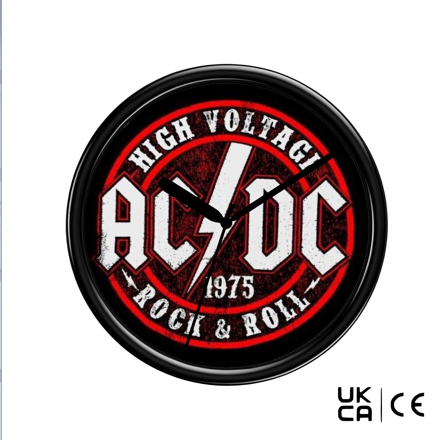 Wall clock with AC/DC logo and text on a white background