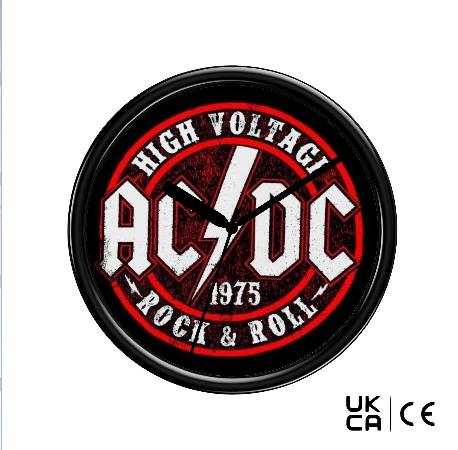 Wall clock with AC/DC logo and text on a white background