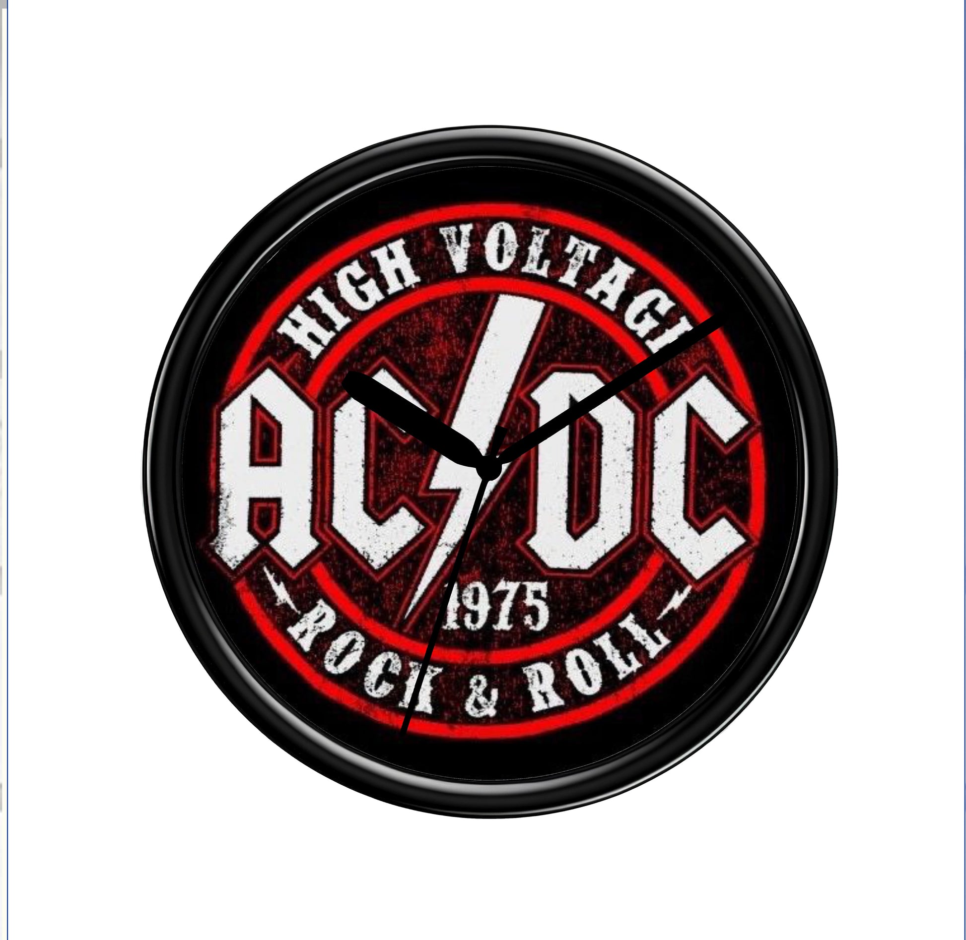 AC/DC clock with red and black design on a white background