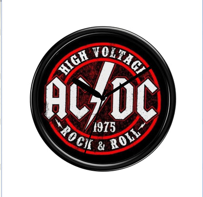 AC/DC clock with red and black design on a white background