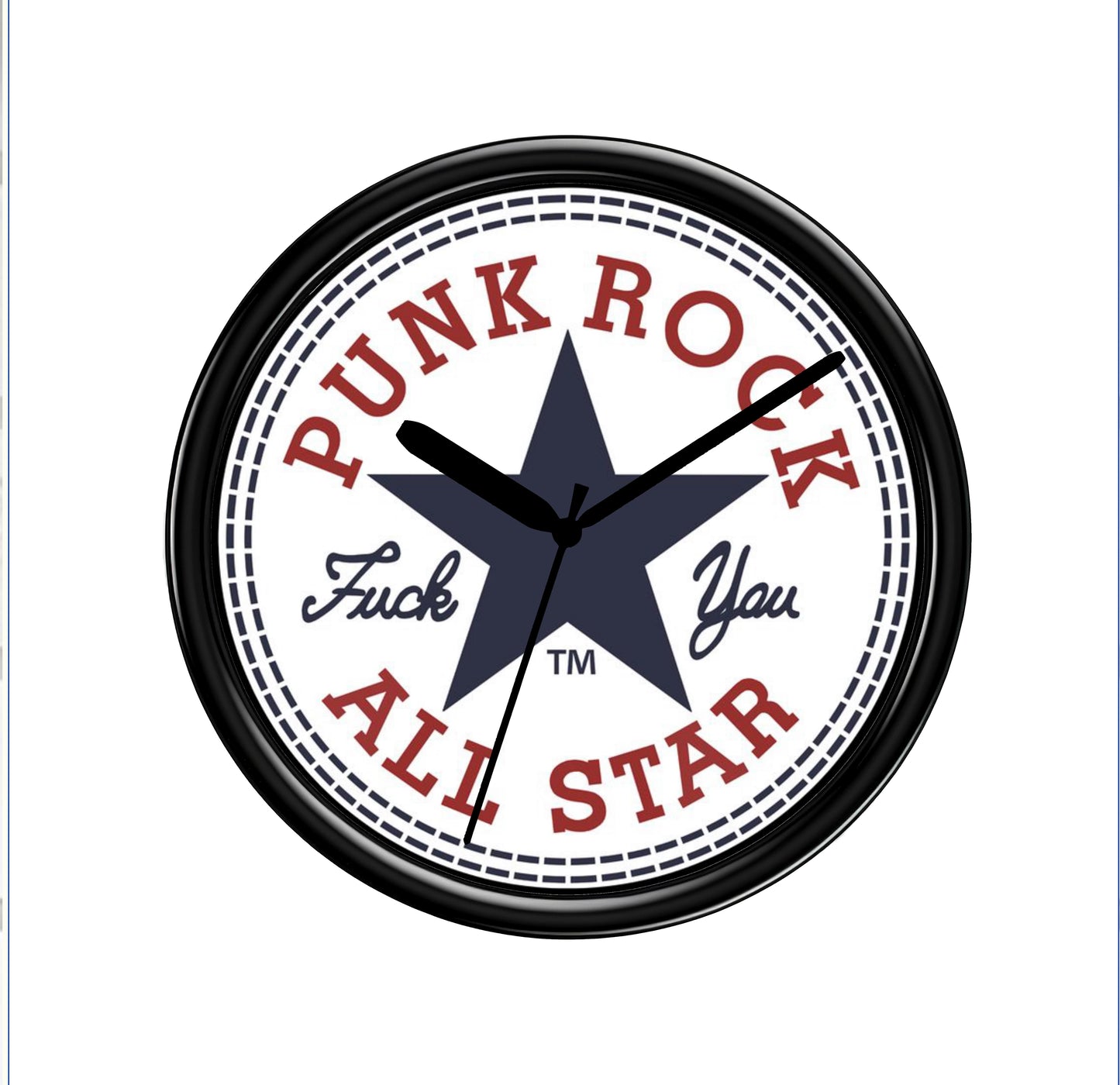 Wall clock with 'Punk Rock All Star' text and star design on a white background