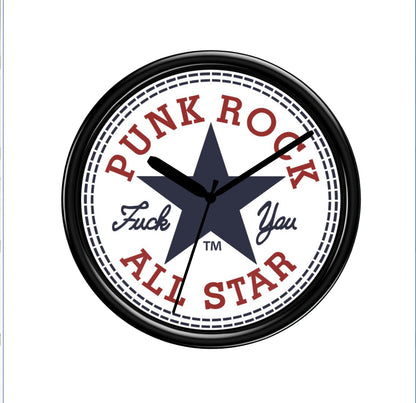 Wall clock with 'Punk Rock All Star' text and star design on a white background