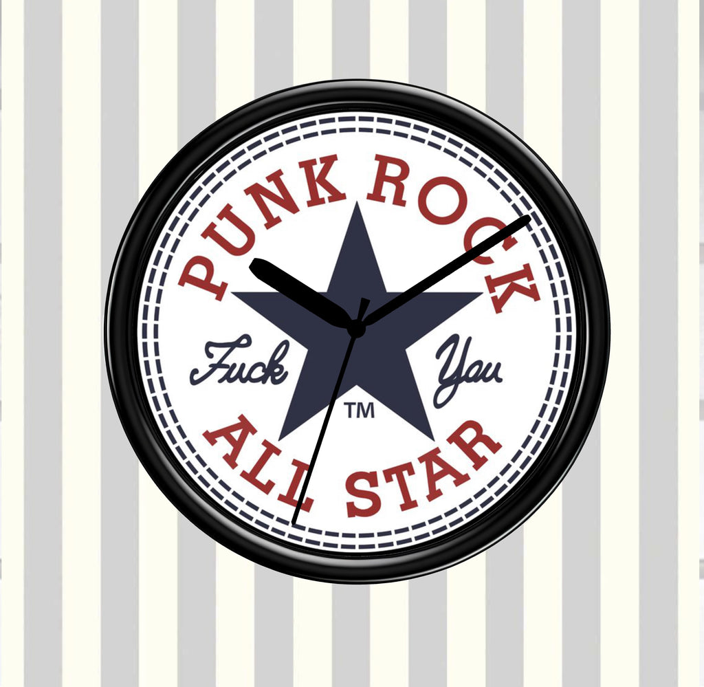 Wall clock with 'Punk Rock All Star' text on a striped background