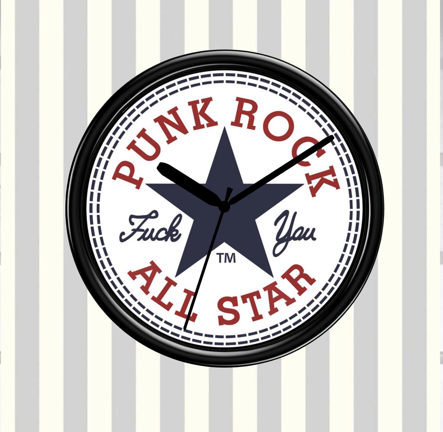 Wall clock with 'Punk Rock All Star' text on a striped background