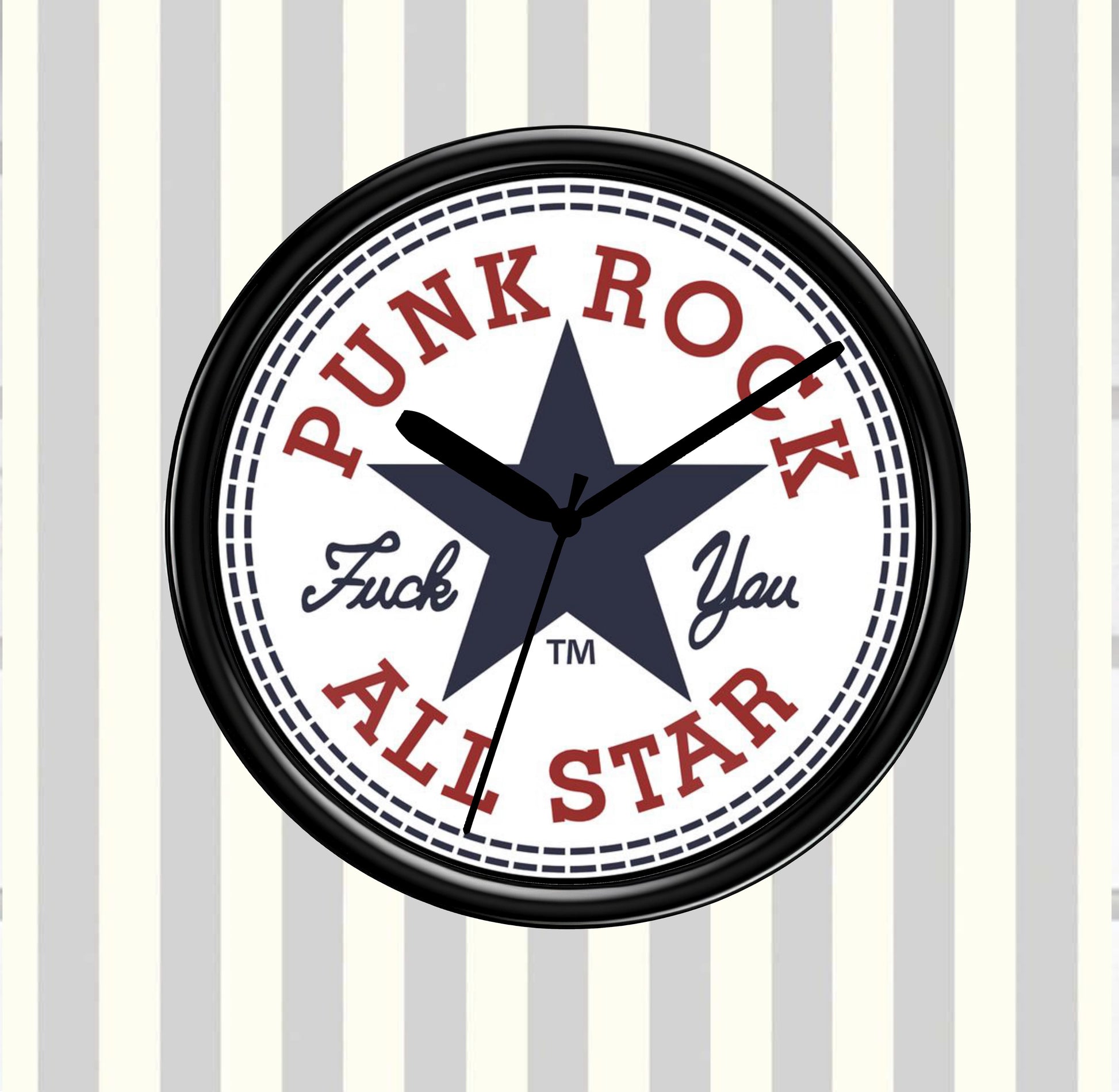 Wall clock with 'Punk Rock All Star' text on a striped background