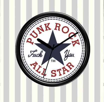 Wall clock with 'Punk Rock All Star' text on a striped background