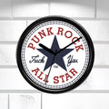 Wall clock with 'Punk Rock All Star' text and star design on a white background