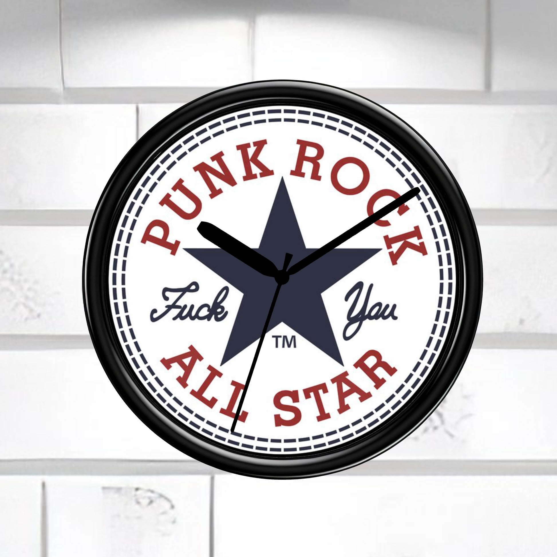 Wall clock with 'Punk Rock All Star' text and star design on a white background