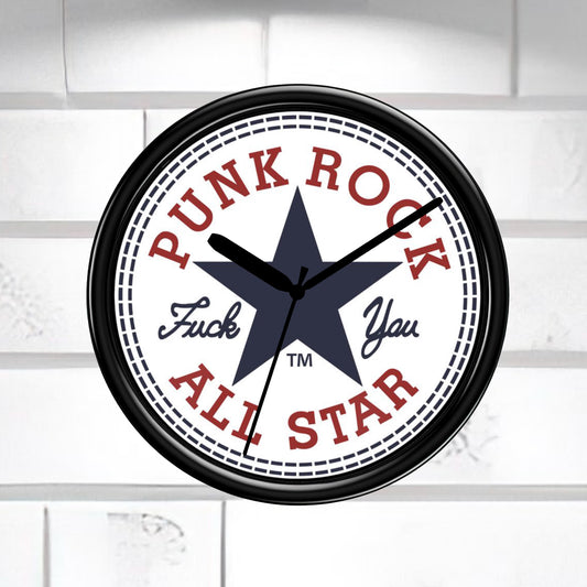 Wall clock with 'Punk Rock All Star' text and star design on a white background