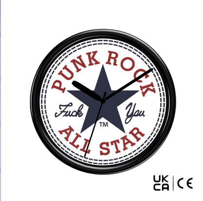 Wall clock with 'Punk Rock All Star' design on a white background