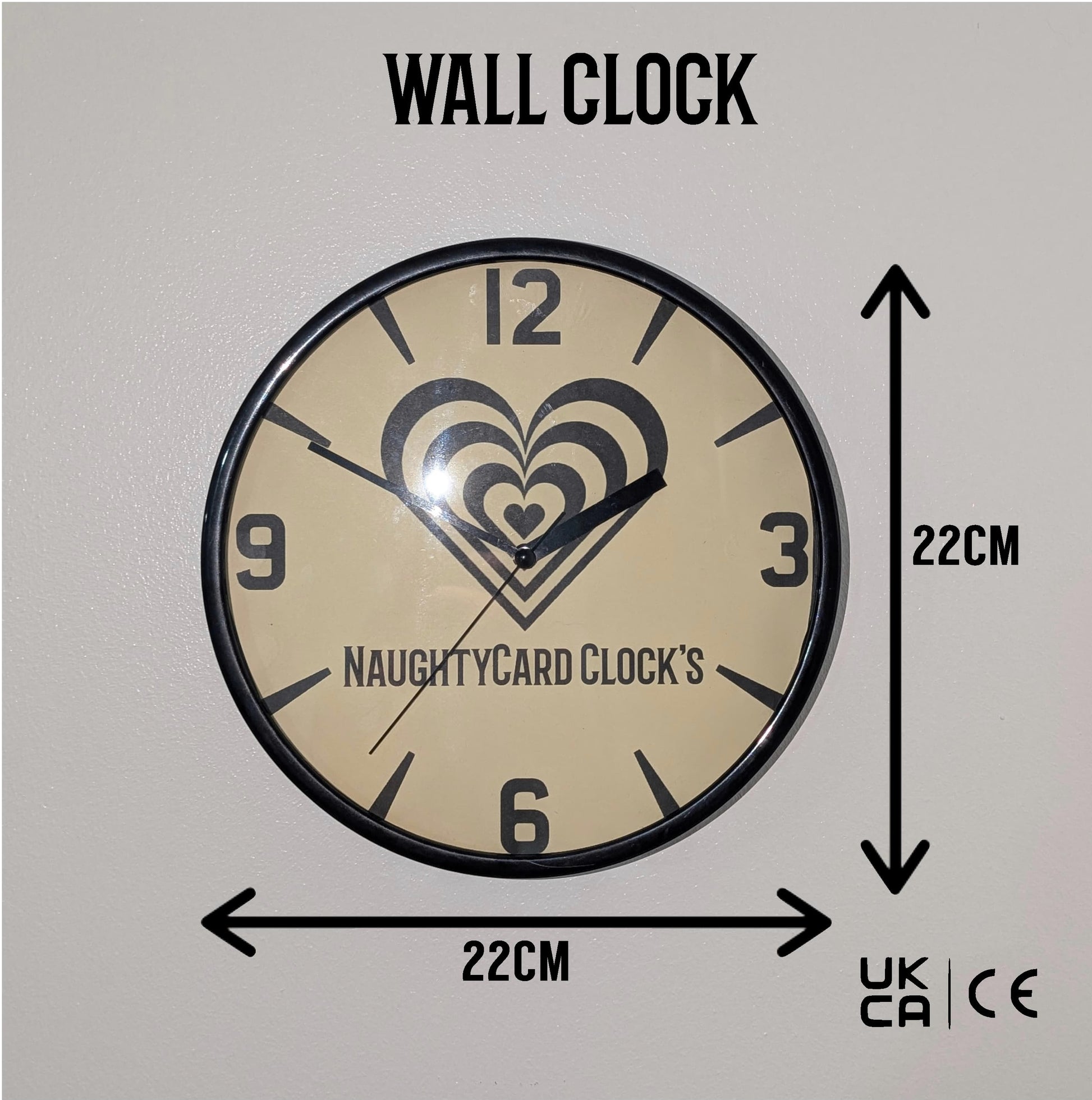 Naughty Card Wall Clock Value Clock Front View with sizing guide