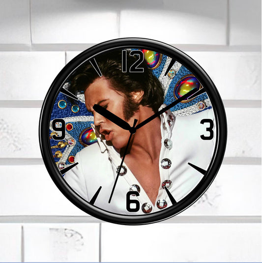 Elvis Presley Wall Clock, black frame clock on white tile wall