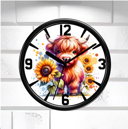 Highland Cow Wall Clock on a white brick wall
