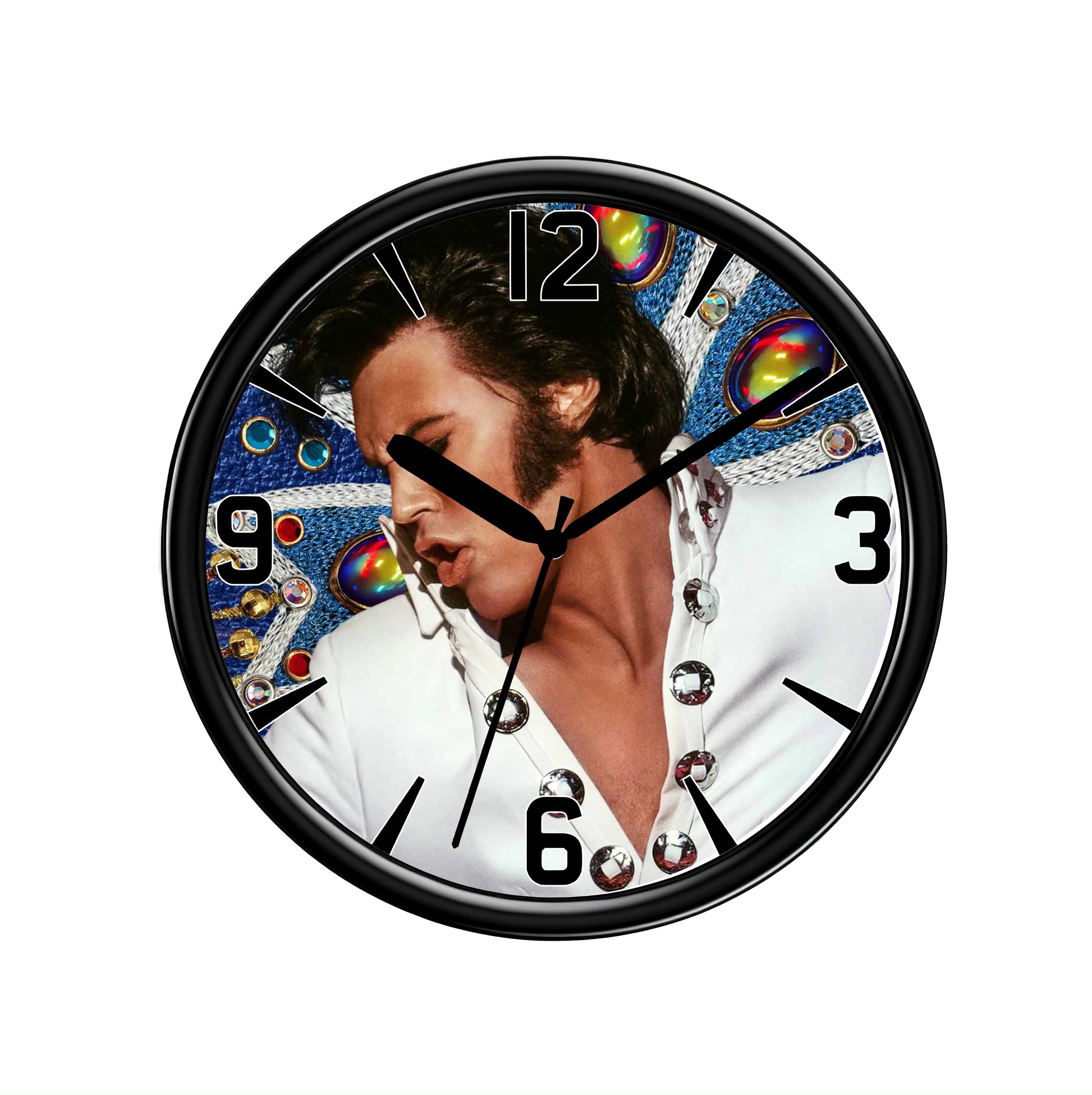 Black Elvis Wall Clock From NaughtyCard - On a plain white background. Image shows front view of product. 