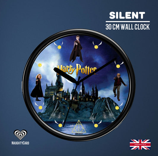 Snitch-themed wall clock with characters and castle design on a blue background