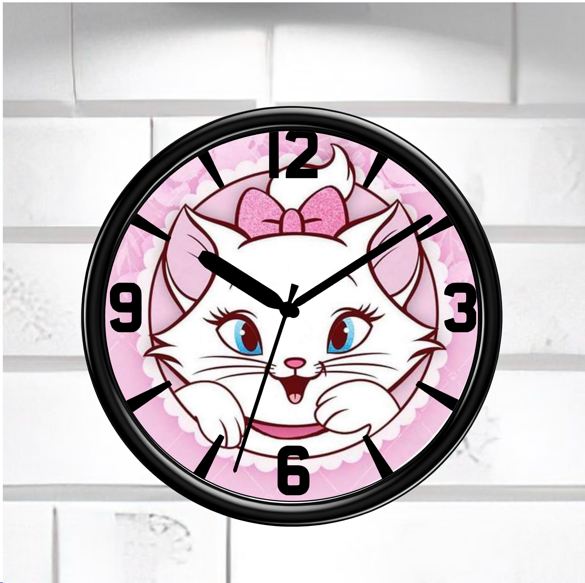 Wall clock with a cartoon cat design on a white background