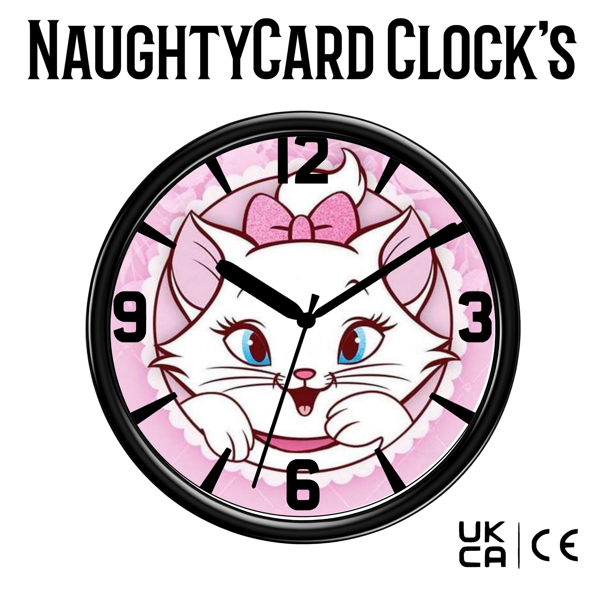 Clock with a cartoon cat design on a pink background, branded 'NaughtyCard Clocks'.