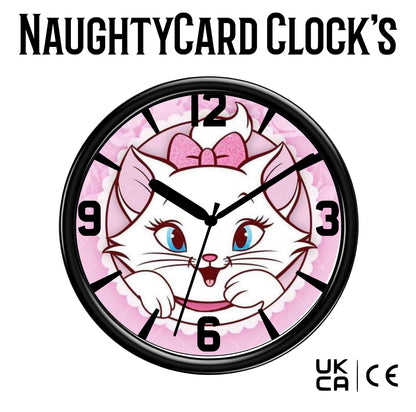 Clock with a cartoon cat design on a pink background, branded 'NaughtyCard Clocks'.