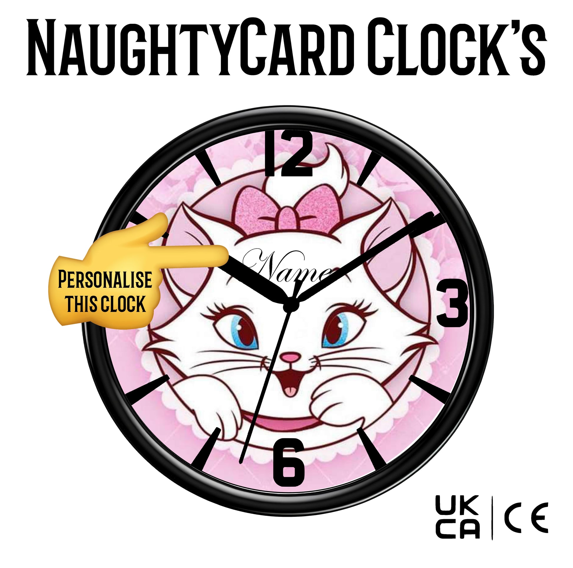Clock with a cartoon cat design on a pink background, featuring the brand 'NaughtyCard Clocks'.