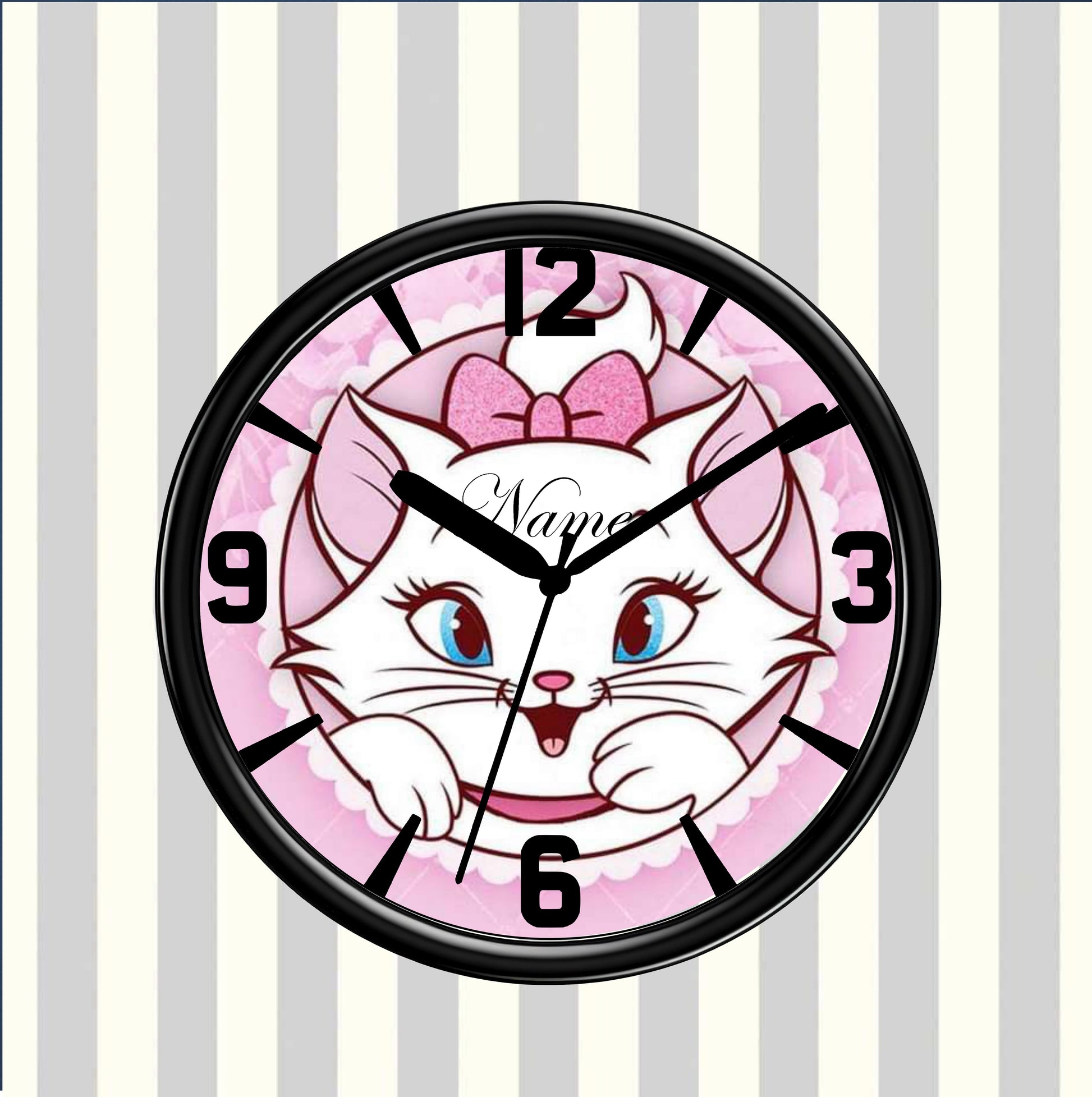 Cartoon cat clock with pink bow on a striped background
