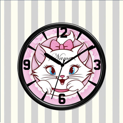 Cartoon cat clock with pink bow on a striped background
