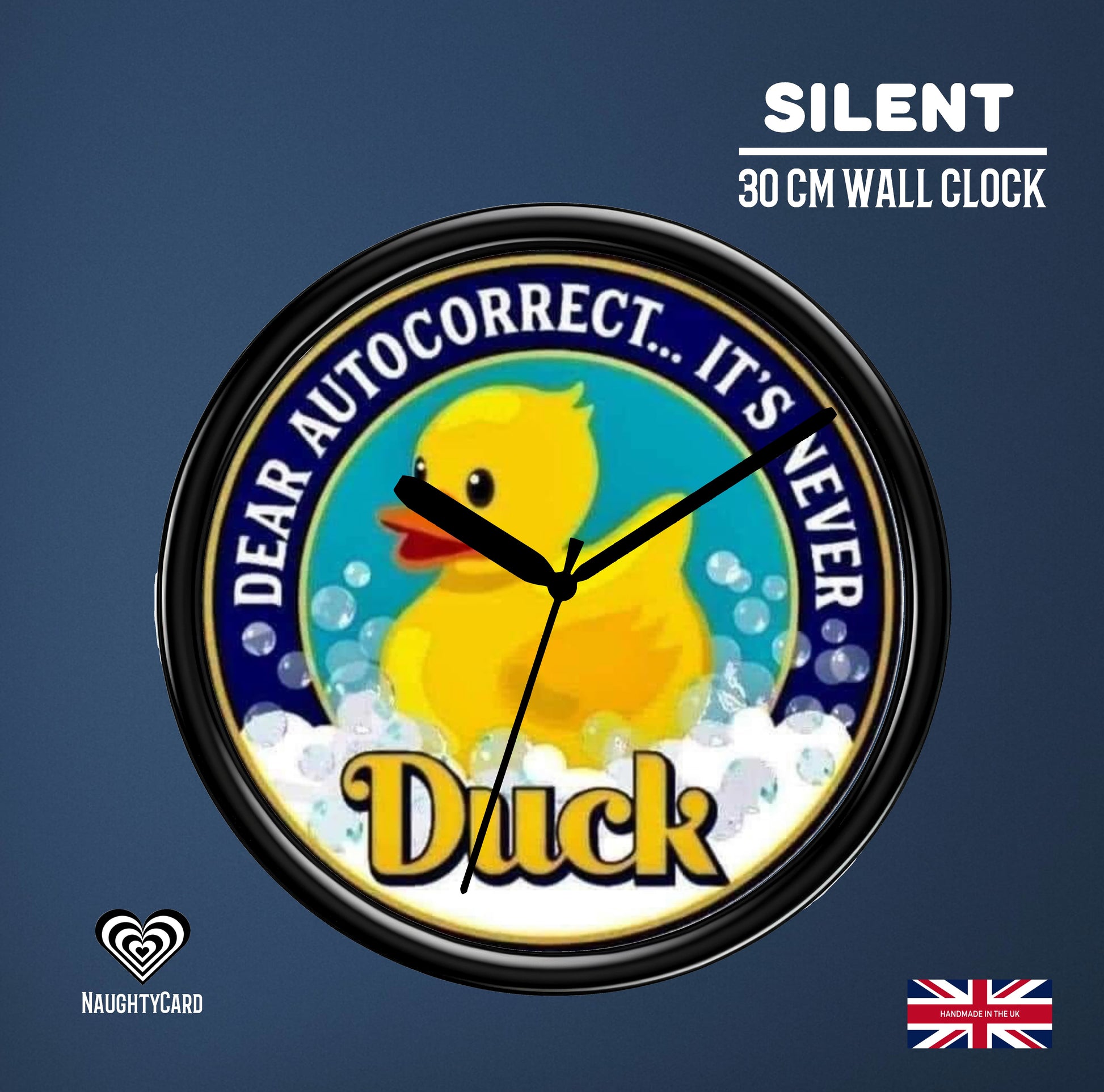 Wall clock with a duck design and humorous text on a blue background