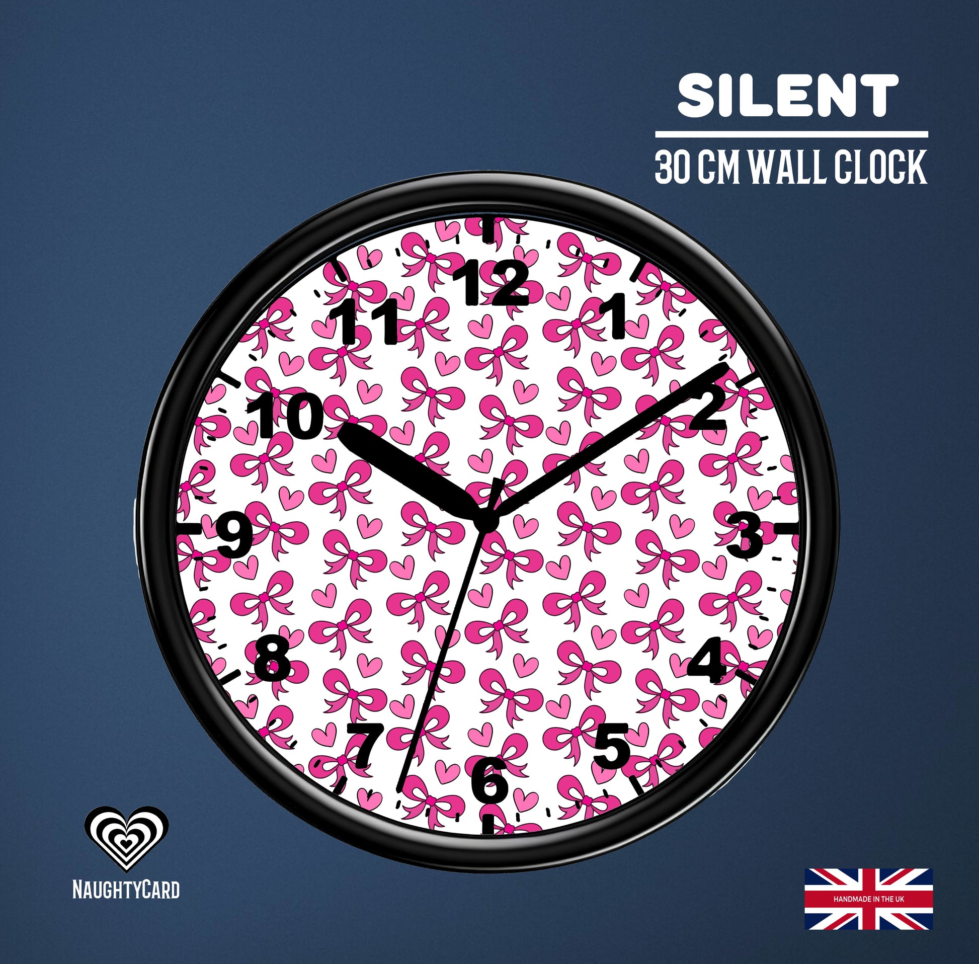 Wall clock with pink bow and heart pattern on a blue background