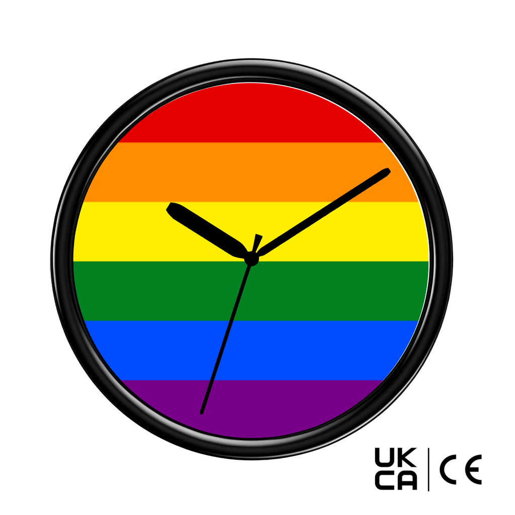 Clock with rainbow flag design on a white background