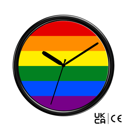 Clock with rainbow flag design on a white background