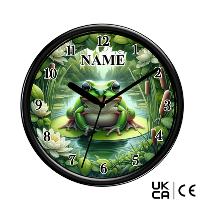 Wall clock with a green frog design on a white background