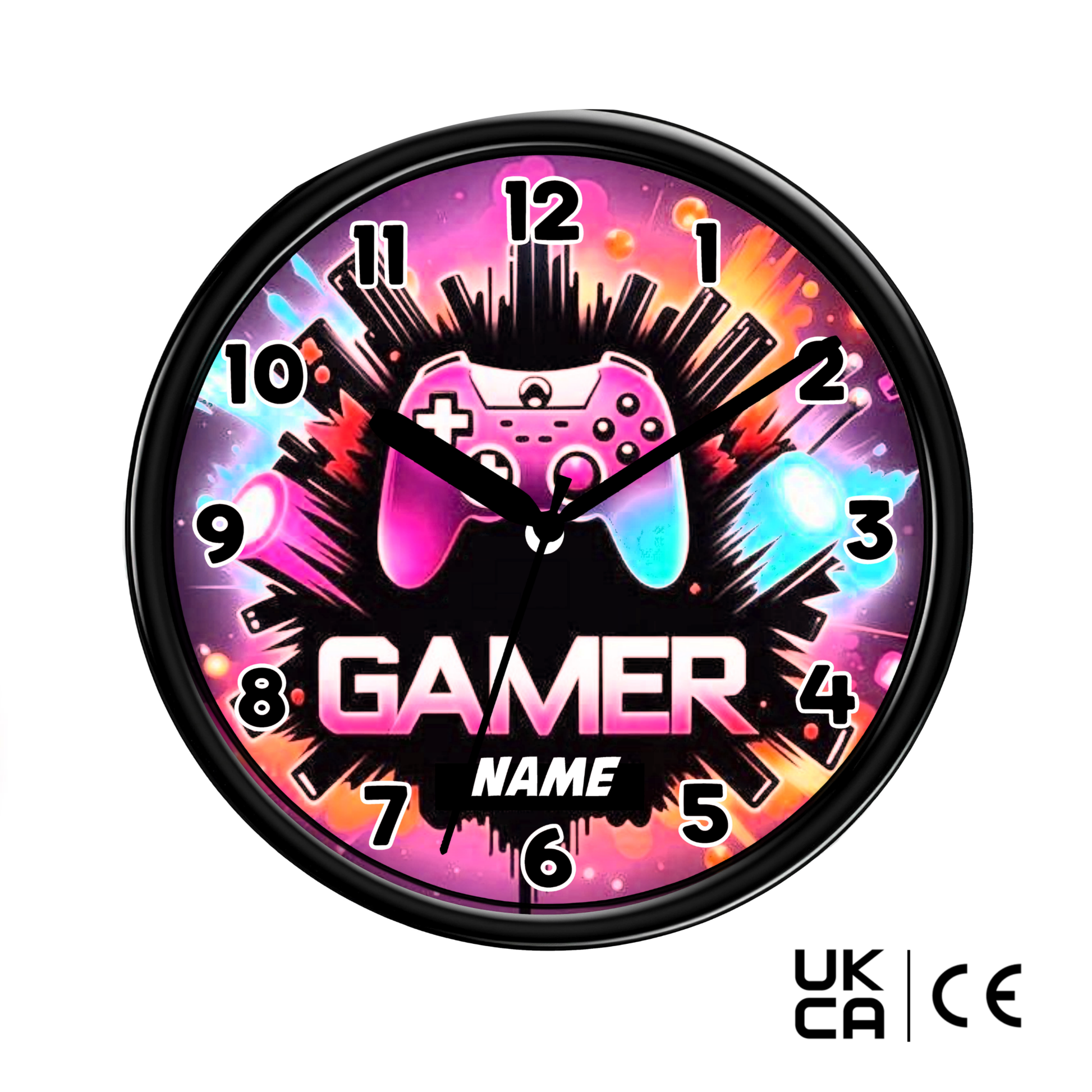 Gaming-themed wall clock with controller design and 'Gamer' text on a colorful background.
